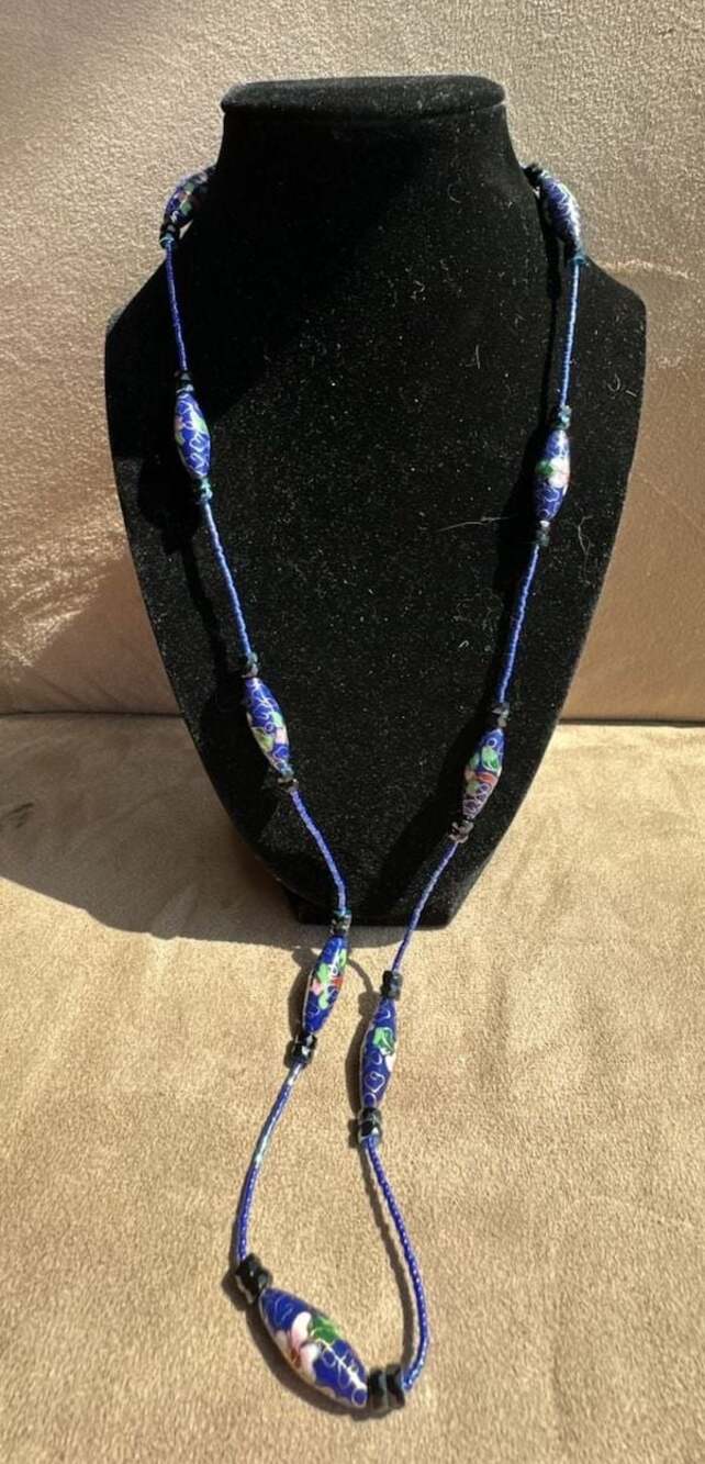 Vintage Cloisonné Floral Bead Blue Necklace with Gold-Tone Filigree Clasp